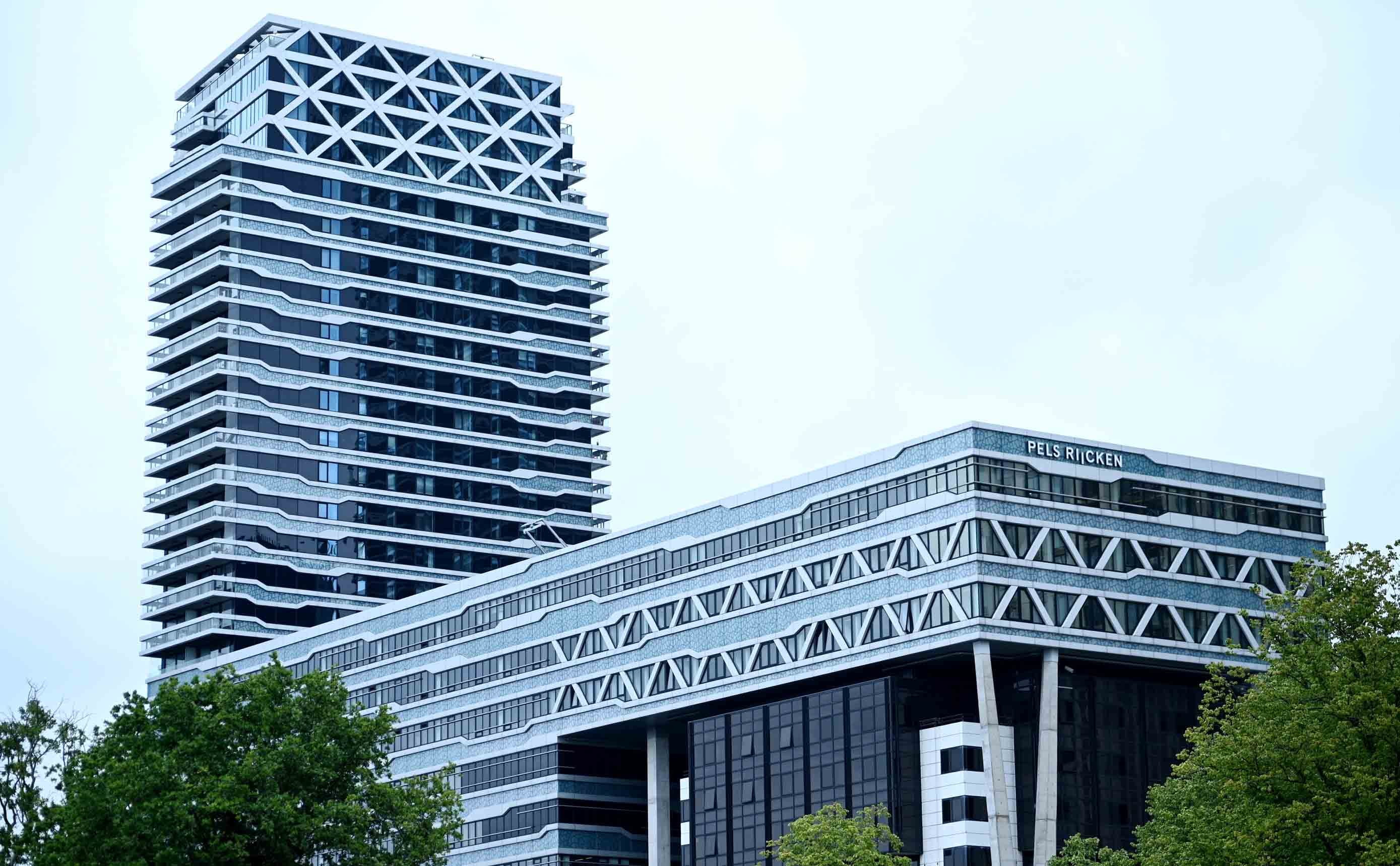 Twee moderne kantoorgebouwen, waarvan het ene een hoge toren is bekroond met een wit driehoekig constructief frame en het andere een lager blok met een gebeeldhouwde gevel van metaal en glas, tegen een lichtgrijze lucht boven groene bomen.